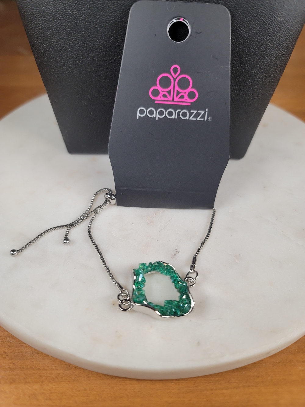 paparazzi Silver-Tone Green Crystal Heart Bracelet